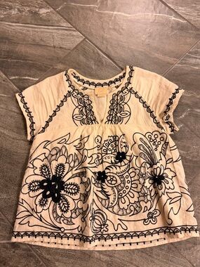 Embroidered Cream Peasant Top with Black Floral Detailing